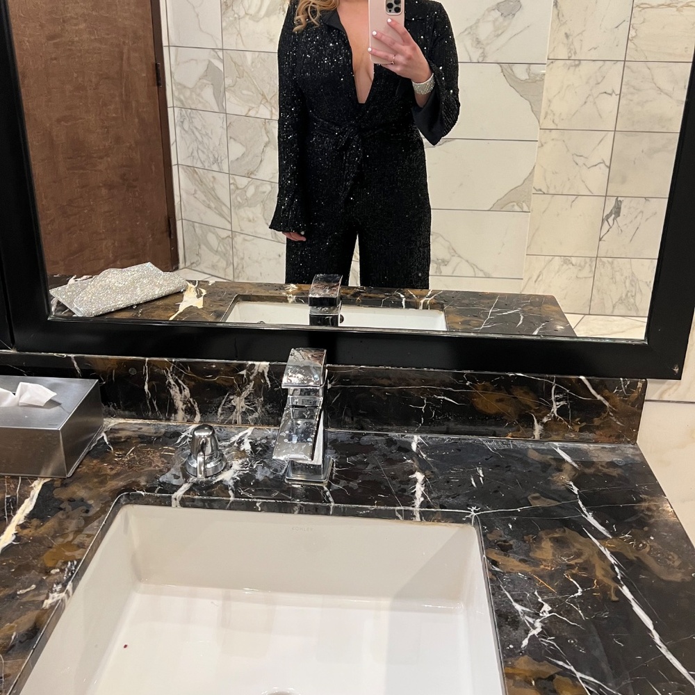 Black Sequin Low Cut Jumpsuit with Long Bell Sleeves
